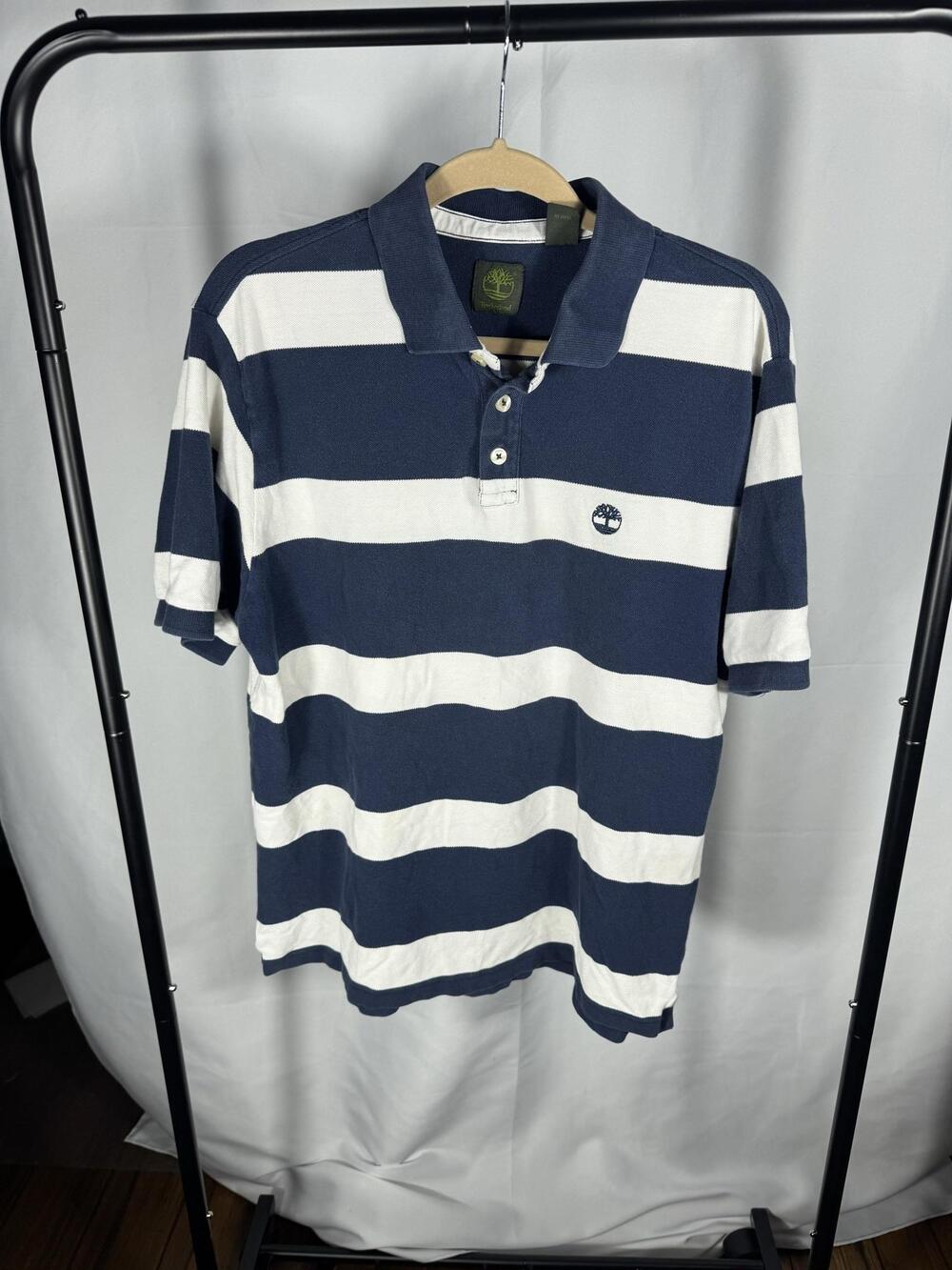 Timberland Polo Shirt Mens Large Blue White Rugby Stripe Short Sleeve Casual